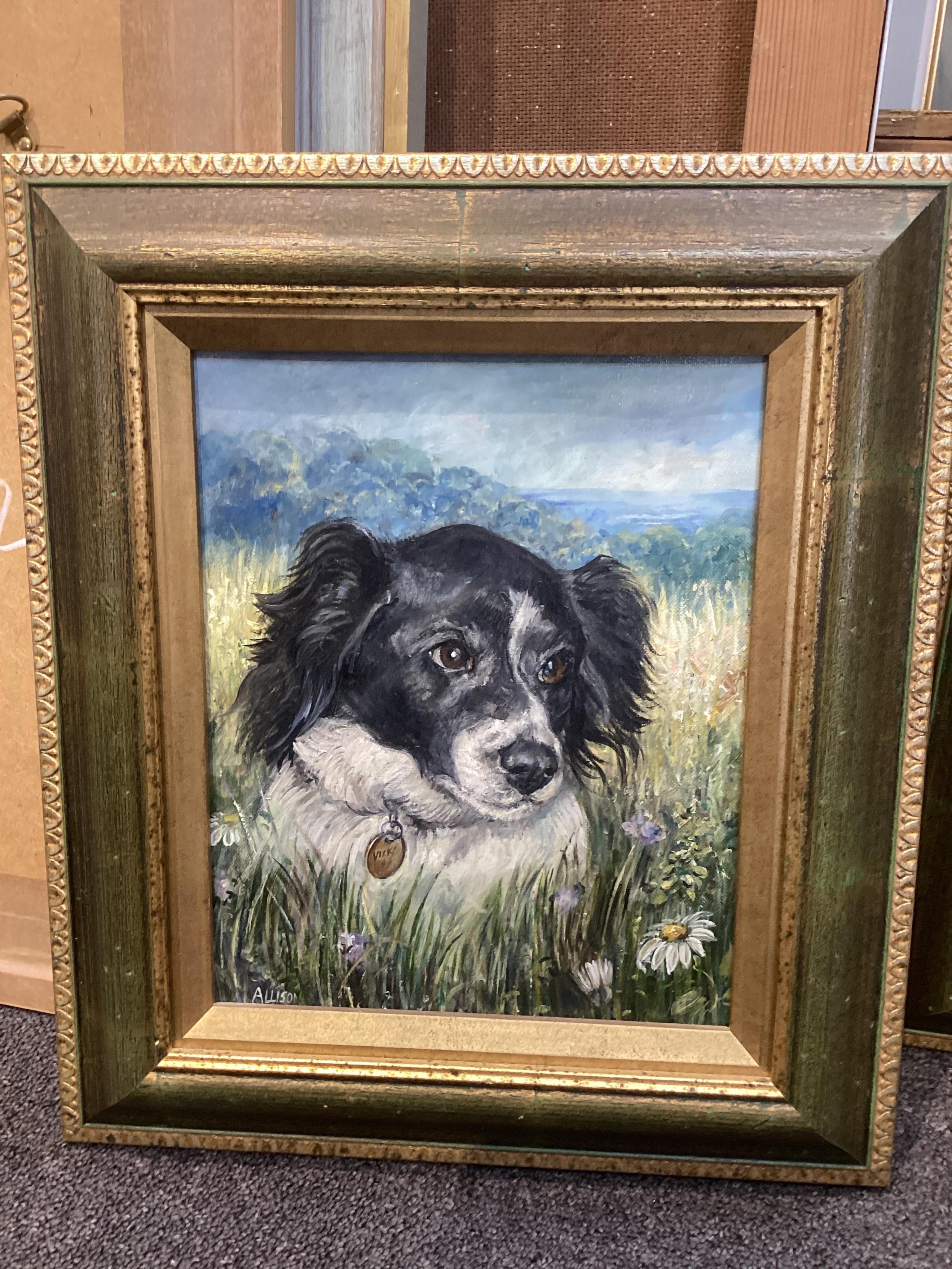 Allison, pair of oils on canvas, Studies of dogs, 'Vicky' and 'Bertie' before landscapes, each signed, 26 x 20cm. Condition - fair to good